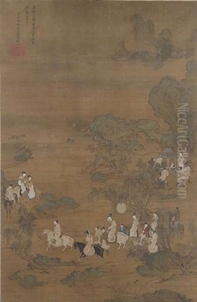 Die Dame Guoguo Und Ihre Schwestern Beim Fruhlingsausritt Oil Painting by  Emperor Huizong