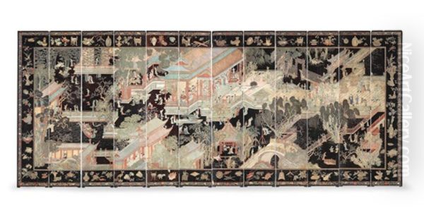 A Magnificent And Rare Twelve-leaf Double-sided 'coromandel' Lacquer Screen Oil Painting by  Emperor Kangxi