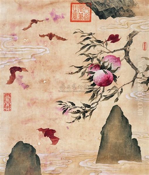 Bat And Peach Oil Painting by  Emperor Tongzhi