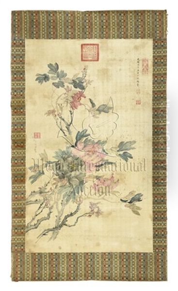 Cixi: Ink And Color On Silk Painting 'flowers Oil Painting by  Empress Dowager Cixi