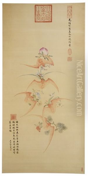 Bats, Peaches, Flowers And Lingzhi Oil Painting by  Empress Dowager Cixi