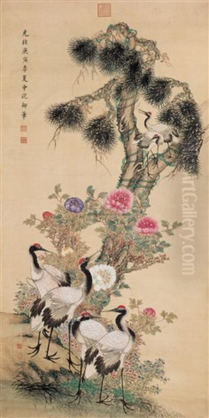 Pine And Cranes Oil Painting by  Empress Dowager Cixi