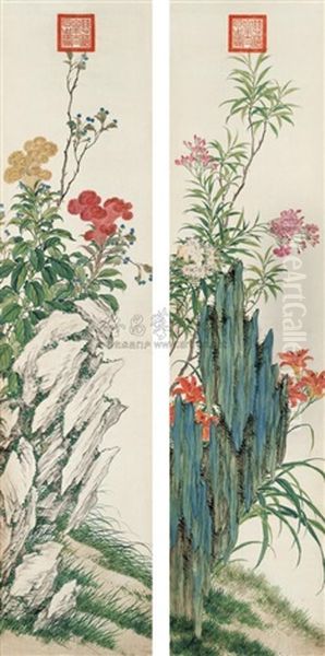 Flowers (2 Works) Oil Painting by  Empress Dowager Cixi