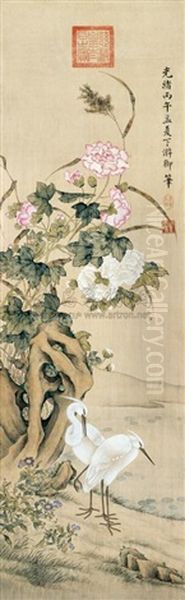 White Cormorants And Hibiscus Oil Painting by  Empress Dowager Cixi