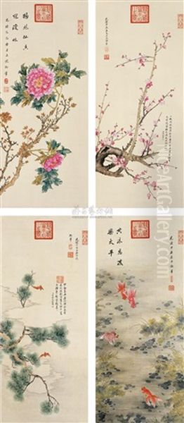 Flower And Birds (4 Works) Oil Painting by  Empress Dowager Cixi