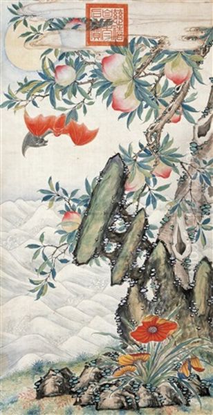 Bats And Peaches Of Immortality Oil Painting by  Empress Dowager Cixi