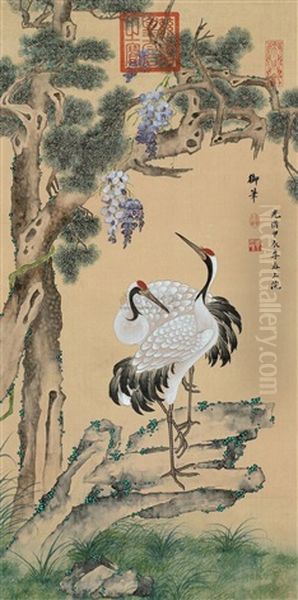 Pine Tree And The Crane Oil Painting by  Empress Dowager Cixi