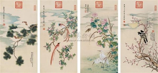 Flowers, Birds And Pine Tree (+ 3 Others; 4 Pieces) Oil Painting by  Empress Dowager Cixi