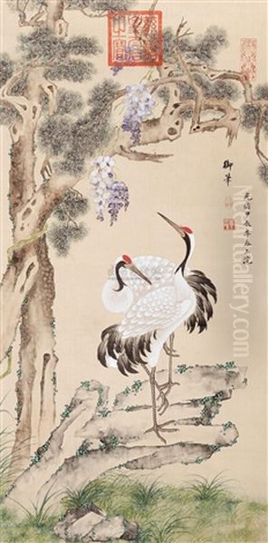 Pine Trees And The Crane Oil Painting by  Empress Dowager Cixi