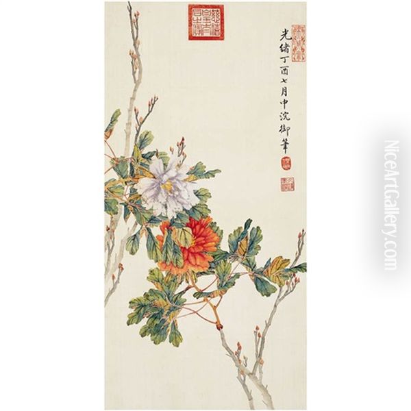 Peonies Oil Painting by  Empress Dowager Cixi