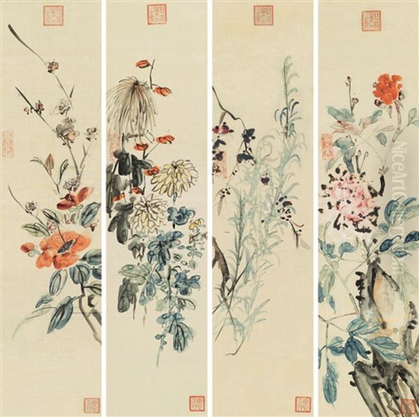 Flowers (+ 3 Others; 4 Works) Oil Painting by  Empress Dowager Cixi