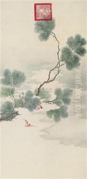 Bats And Pine Oil Painting by  Empress Dowager Cixi