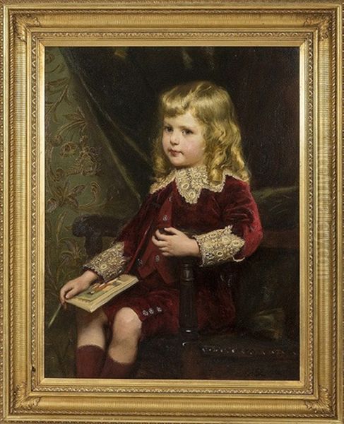 Young Boy In Red Velvet Suit, With Lace Trim Holding A Book, In The Guise Of Little Lord Fauntleroy Oil Painting by Alfred Edward Emslie