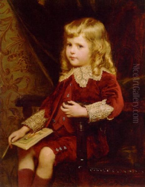 Portrait Of A Young Boy In A Red Velvet Suit With Lace Trim, Holding A Book In His Right Hand Oil Painting by Alfred Edward Emslie