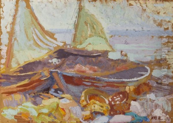 Boats On The Shore Oil Painting by Magnus Enckell