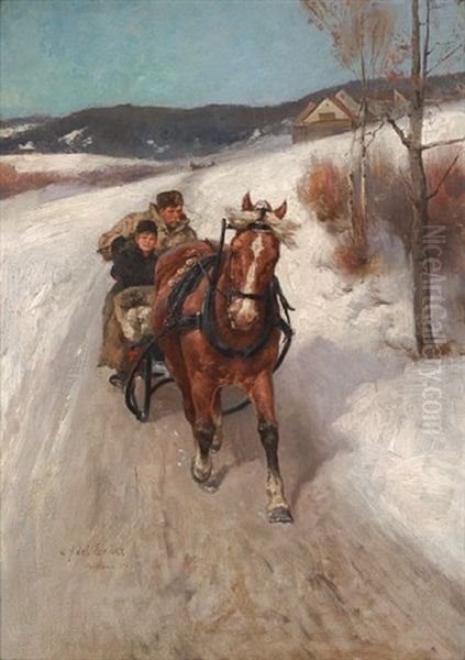 Sledekjoring Oil Painting by Axel Ender