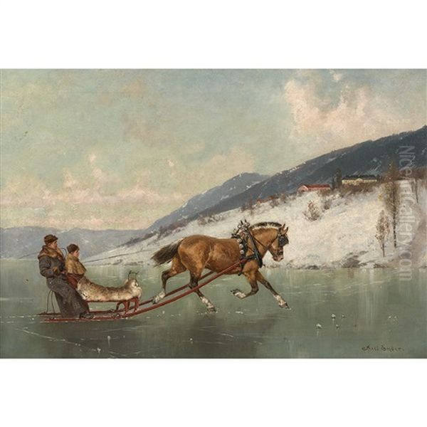 Traineau Sur Le Lac De Mjosa En Norvege Oil Painting by Axel Ender