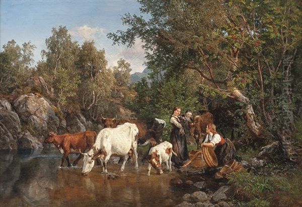 By The Watering Place 1858 Oil Painting by Axel Ender