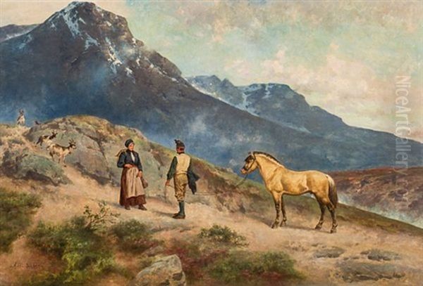 Et Mote I Fjellheimen Oil Painting by Axel Ender