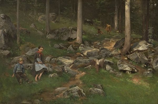 Part Of A Wood With Girl, Boy And Cows Oil Painting by Axel Ender