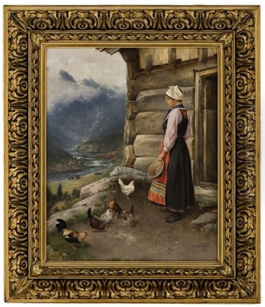 Milkmaid With Hens And A Cock Oil Painting by Axel Ender