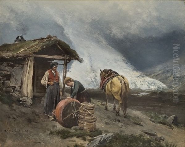 Summer Mountain Farming In Briksdalen Oil Painting by Axel Ender