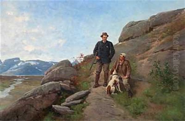 Jegere Med Hund Oil Painting by Axel Ender