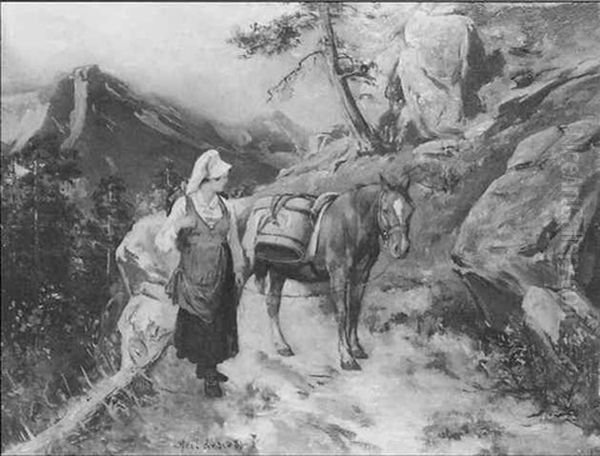 Woman With A Pack Horse On A Mountain Path Oil Painting by Axel Ender