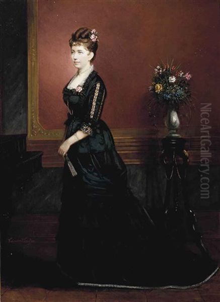 Portrait Of Lady, Full-length, In A Black Dress, Standing In An Interior Oil Painting by Edouard Ender