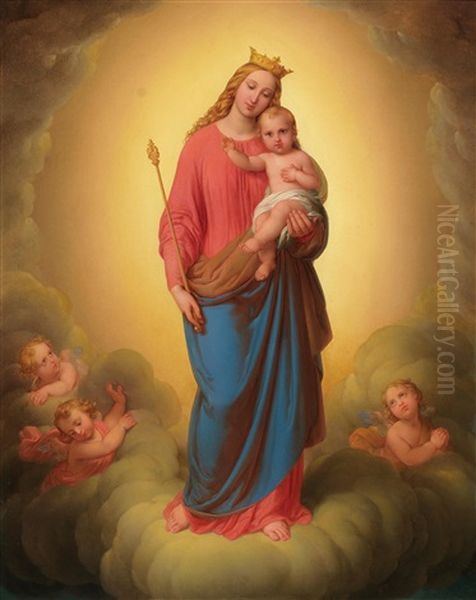 Madonna With Child In The Clouds Surrounded By Angels Oil Painting by Johann Nepomuk Ender