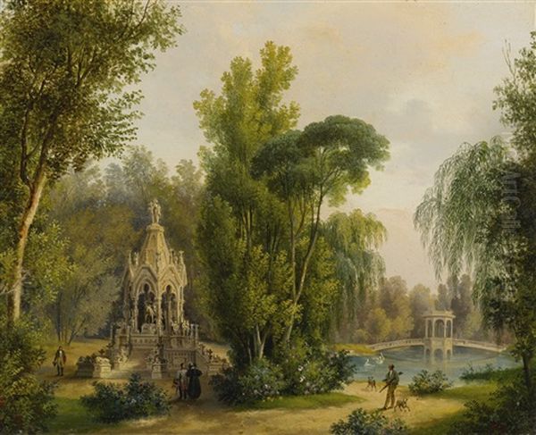 A Gothic Memorial In A Park, A Bridge And Lake Beyond Oil Painting by Thomas Ender