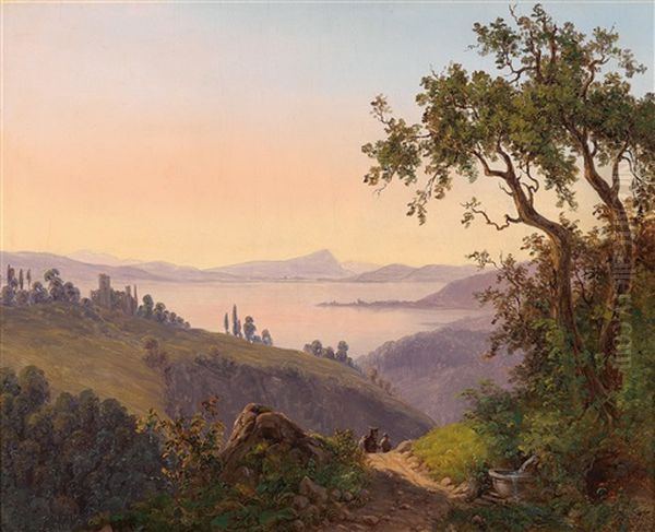 Italienische Landschaft Mit Burgruine Und Bauer Mit Maultier Oil Painting by Thomas Ender