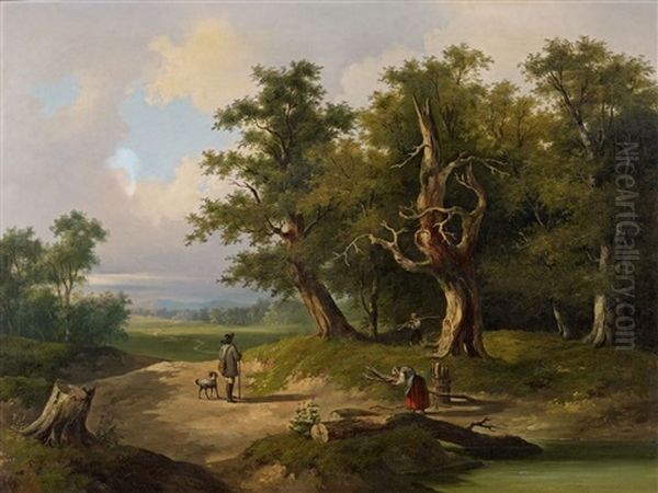 Landschaft Mit Wanderern Und Reisigsammlern Oil Painting by Thomas Ender