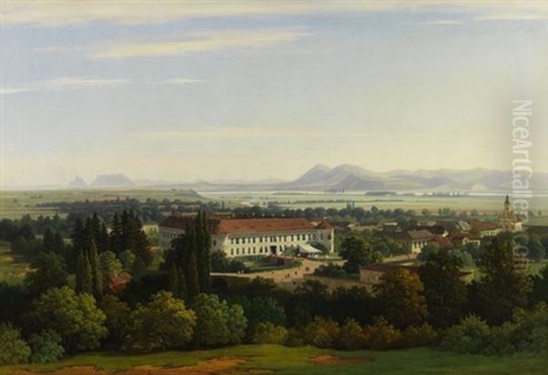 Blick Auf Das Dorf Pruske Mit Dem Schloss Der Graflichen Familie Konigsegg-aulendorf Und Der Kirche St. Peter Und Paul Im Waagtal, In Der Nahe Der Heutigen Stadt Ilava, In Der Nordwestlichen Slowakei Oil Painting by Thomas Ender