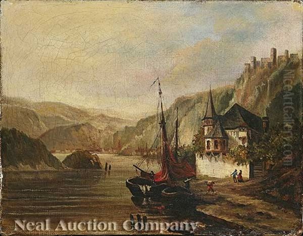 A Landing Stage On The Rhine Oil Painting by Thomas Ender