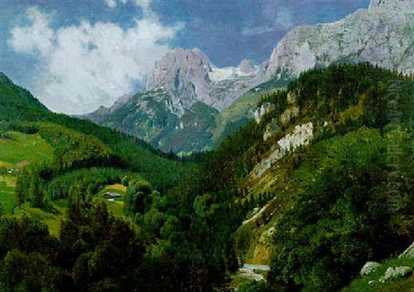 Gebirgstal Bei Ramsau - Im Hintergrund Die Reiteralm Oil Painting by Thomas Ender