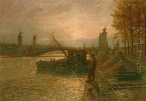 Barges On The Seine Before Pont Alexandre Iii With The Eiffel Tower Beyond Oil Painting by Jean-Joseph Enders