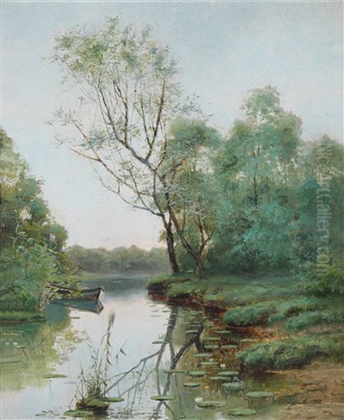 Flusslandschaft Mit Boot Oil Painting by Ivan Ivanovich Endogouroff