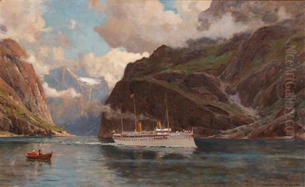 Fjord Landscape With Passenger Ship Oil Painting by Henry Enfield