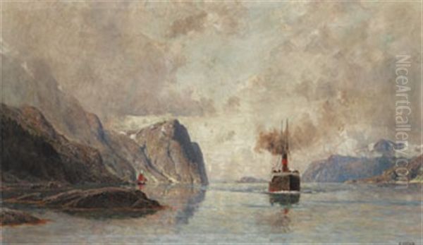 Fartyg I Fjordlandskap Oil Painting by Henry Enfield