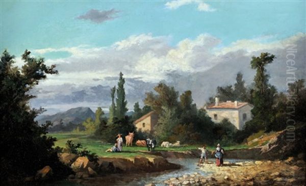 Au Bord De La Riviere Oil Painting by Marius Engaliere