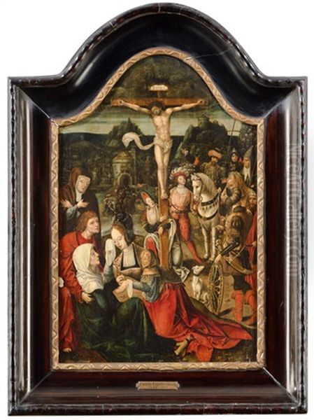 Kreuzigung Christi. Figurenreiches Geschehen Auf Dem Kalvarienberg, Im Vordergrund Die Muttergottes, Von Johannes Und Maria Magdalena Getrostet Oil Painting by Cornelius Engebrechtsz