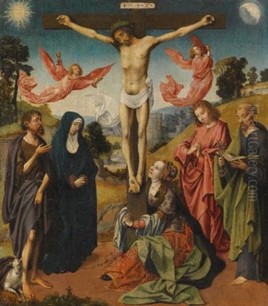 The Crucifixion With The Virgin Mary, Saints Mary Magdalene, John The Baptist, Peter, And An Unidentified Male Saint Oil Painting by Cornelius Engebrechtsz