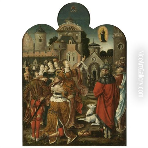 The Emperor Augustus And The Tiburtine Sibyl (+ Christ And The Woman Taken Into Adultery, En Grisaille, Verso) Oil Painting by Cornelius Engebrechtsz