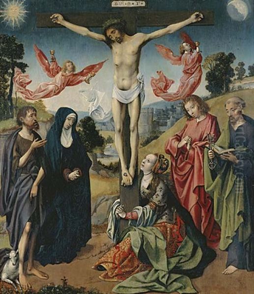 The Crucifixion With The Virgin Mary, Saints Mary Magdalen, John The Baptist And Peter Oil Painting by Cornelius Engebrechtsz