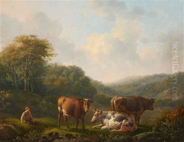 Landscape With A Shepherd And Cattle Oil Painting by Adolf Karel Maximilian Engel