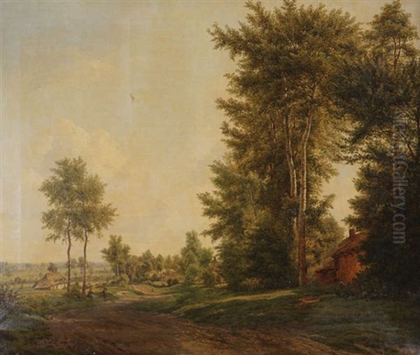 Paysage Champetre Aux Environs De Courtrai Anime De Voyageurs Oil Painting by Adolf Karel Maximilian Engel