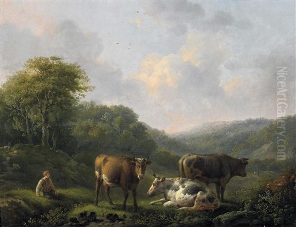 Rastender Viehhirt In Sommerlicher Hugellandschaft Oil Painting by Adolf Karel Maximilian Engel