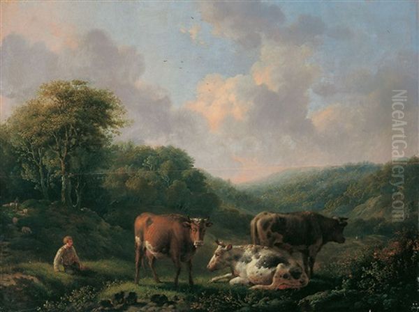 Landschaft Mit Vieh Und Rastendem Hirten Oil Painting by Adolf Karel Maximilian Engel