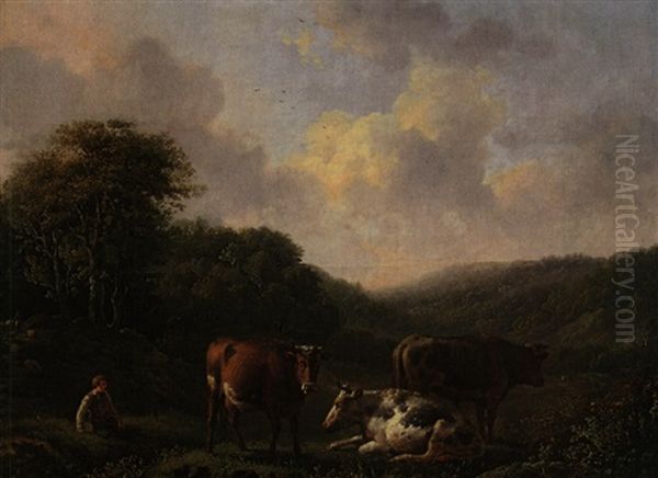 Hugelige Landschaft Mit Hirte, Zwei Kuhen Und Stier Oil Painting by Adolf Karel Maximilian Engel